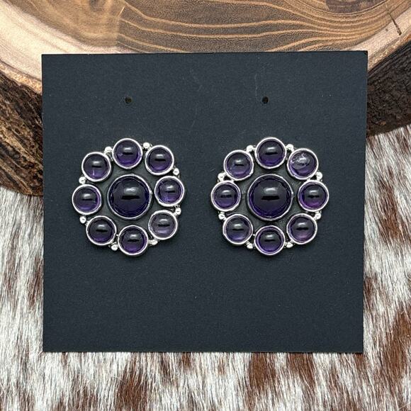 FEDERICO JIMENEZ Sterling Silver & Amethyst Round Floral Cluster Post Earrings - Picture 1 of 3
